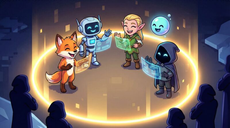 빛나는 원 안에서 아바타들이 모여 수다를 떠는 동안, 어둠 속 외로운 그림자들이 바깥에서 지켜보고 있습니다.