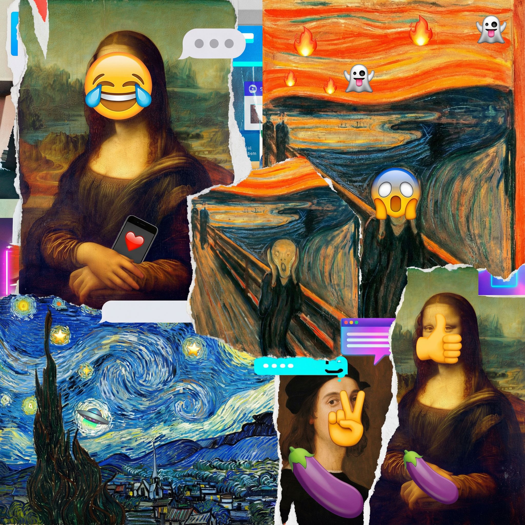 클래식 회화와 현대 이모지가 화려하게 조화된 콜라주로, 디지털 시대의 새로운 시각 언어를 형성한 모습이다.