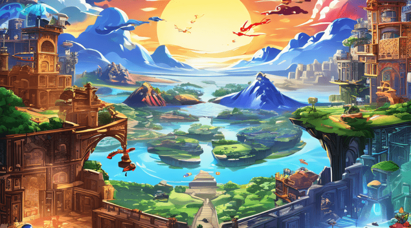 네 개의 웹 브라우저 각각의 독특한 시각적 스타일로 동시에 렌더링된 하나의 비디오 게임 세계가 한 화면에 연결되어 펼쳐져 있습니다.