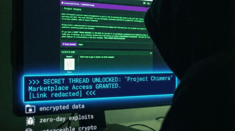 검은 배경의 웹 포럼에 은밀한 거래를 암시하는 빛나는 비밀 댓글 스레드가 보입니다.