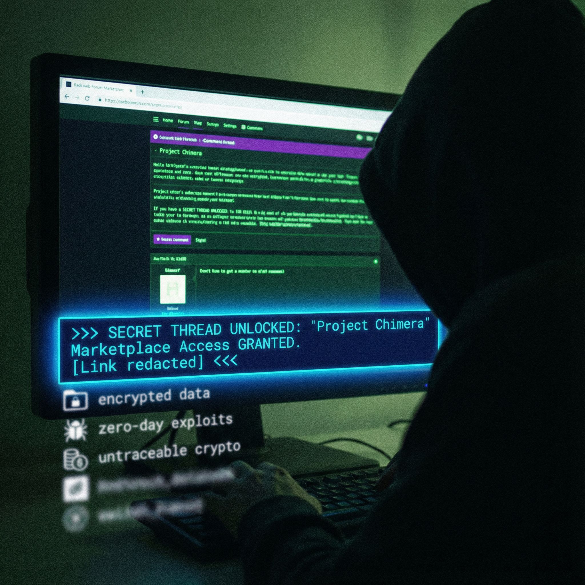 검은 배경의 웹 포럼에 은밀한 거래를 암시하는 빛나는 비밀 댓글 스레드가 보입니다.