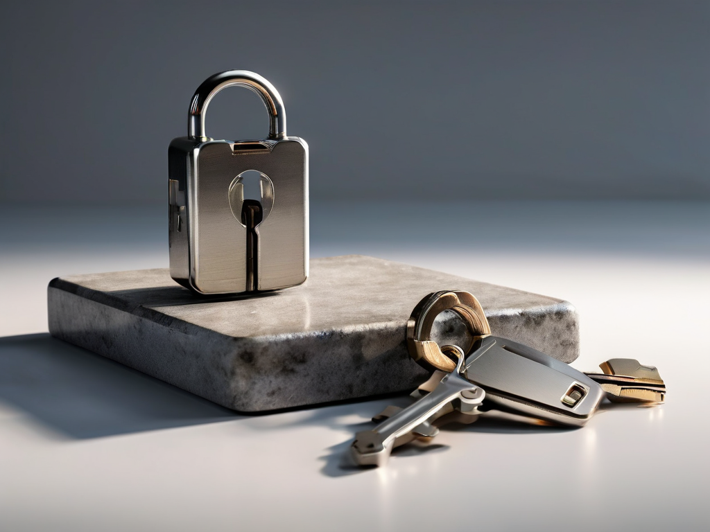 A metal lock, closed key case, and blank security card arranged on a stone counter.