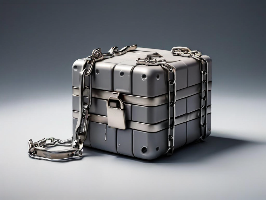 A sealed metal storage case with a short chain sits beside small blocks arranged to suggest file locations, representing saved.