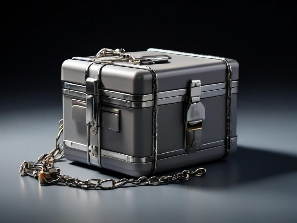 Sealed metal storage case with short chain and small blocks representing linked file locations on a gray studio surface, soft.