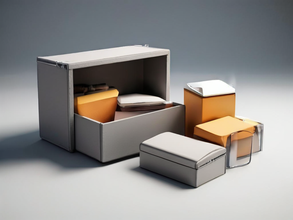 Small archive boxes with blank compartment inserts arranged on a matte gray surface, soft side light casting clean shadows.