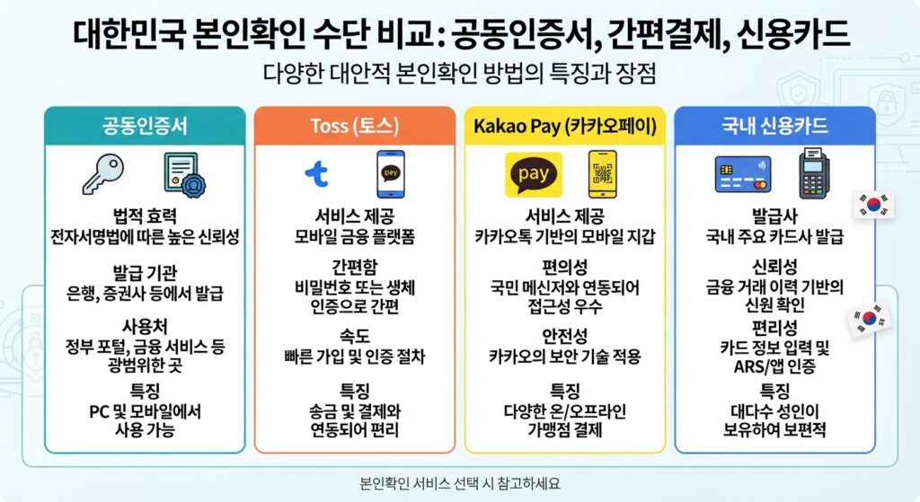Comparison chart of alternative identity verification methods for South Korean online services.
