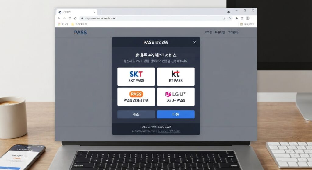 Korean online identity verification pop-up window interface showing carrier options and PASS app.